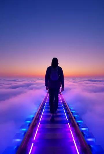 Pré-visualização do prompt: Viajante na Ferrovia Neon sobre as Nuvens