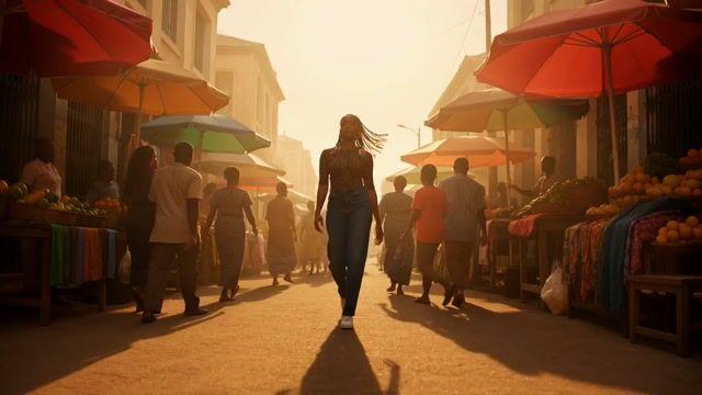 Pré-visualização do prompt: Vídeo cinematográfico vibrante de mulher nigeriana com traje de Lagos