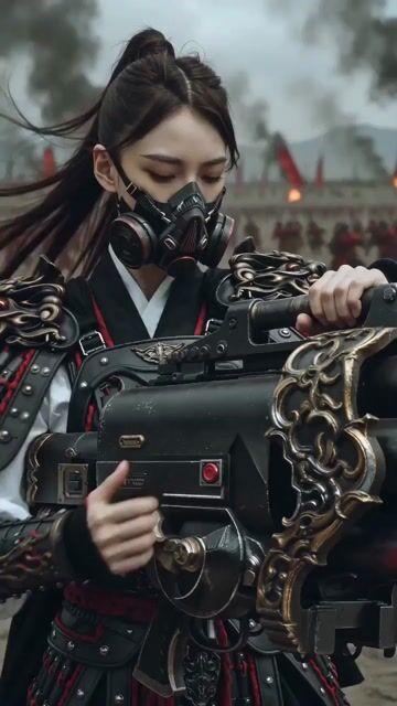 プロンプトのプレビュー: 東アジアの女性戦士とメカの変身