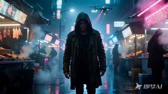 ตัวอย่างพรีวิวพรอมต์: แฮกเกอร์ไซเบอร์พังก์ในฉากกลางคืนที่ฝนตก