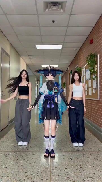 プロンプトのプレビュー: 学校の廊下で踊る原神キャラクターたち