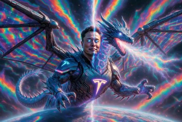 Prompt-Vorschau: Grok Imagine Film: Tesla-Drache vs. Reptiloide