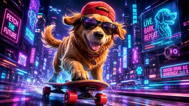 プロンプトのプレビュー: サイバーシティを駆け抜けるスケボー犬のアニメーション