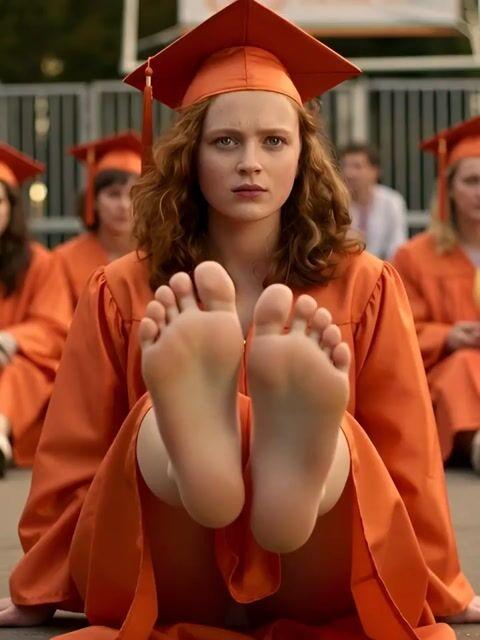 ตัวอย่างพรีวิวพรอมต์: ภาพมุมกว้างแบบภาพยนตร์ของ Sadie Sink ในชุดรับปริญญาสีส้ม