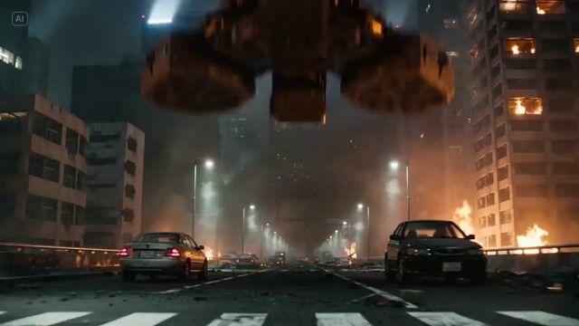 プロンプトのプレビュー: 戦闘で損傷したメガシティの巨大メカ
