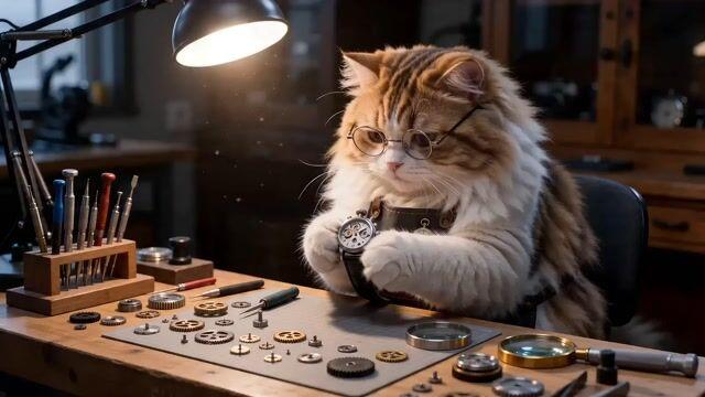 プロンプトのプレビュー: ふわふわの猫の時計職人シーン用プロンプト
