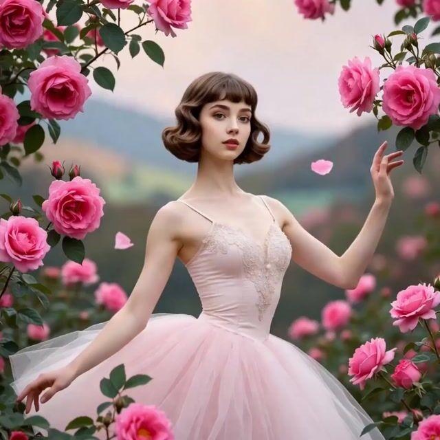 Pré-visualização do prompt: Prompt de vídeo: Bailarina entre rosas