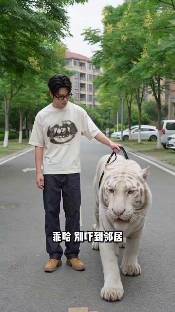 プロンプトのプレビュー: 虎とティーカッププードルを散歩させる男性の寸劇動画プロンプト
