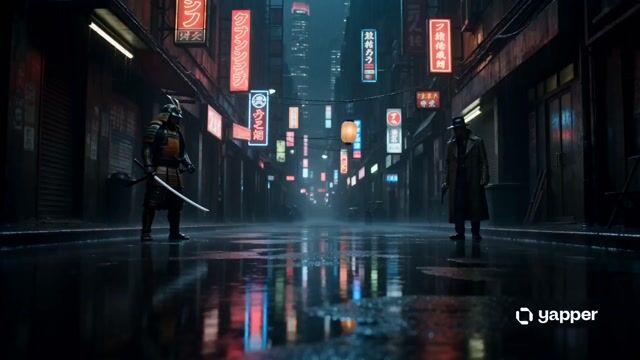 プロンプトのプレビュー: サイバーパンクな侍 vs ガンマンの対峙