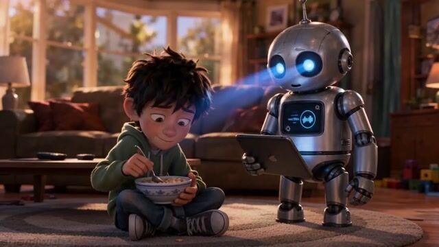 プロンプトのプレビュー: 感情を持つロボットと少年のアニメーション