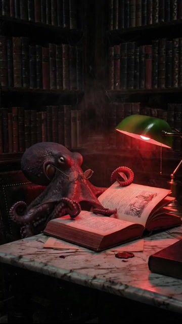 Anteprima del prompt: Polpo che legge in biblioteca