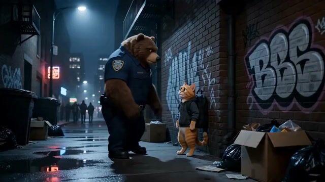 プロンプトのプレビュー: 面白いシーンのプロンプト:警官と猫