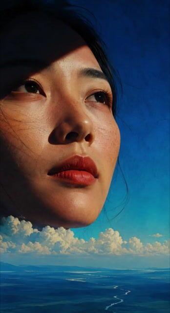 Anteprima del prompt: Ritratto surrealista di una gigantessa con nuvole fluttuanti