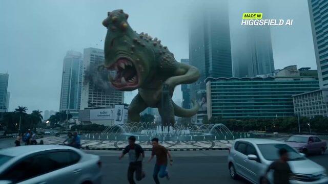 プロンプトのプレビュー: ジャカルタでのメカ vs モンスターのシーン