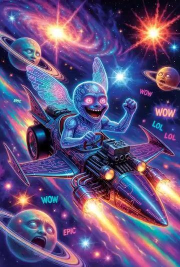 提示詞預覽: 混亂超現實的 Grok 飛車太空船場景