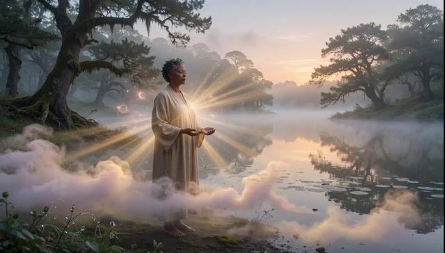 Anteprima del prompt: Figura meditante eterea con movimento di camera