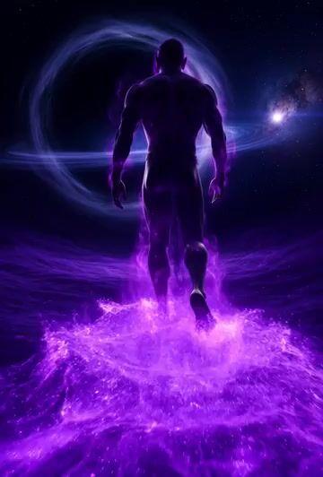 Pré-visualização do prompt: Prompt para Grok Imagine: A silhueta colossal de uma divindade caminha pelas profundezas de um Rio do Tempo retorcido e turbulento