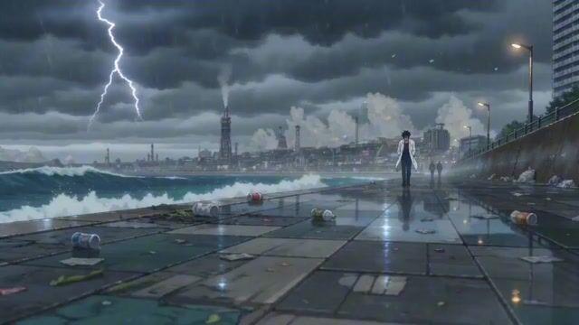 プロンプトのプレビュー: シネマティックなアニメシーン:嵐の海辺の遊歩道