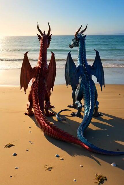프롬프트 미리보기: Shimmering Dragons on Ocean Beach