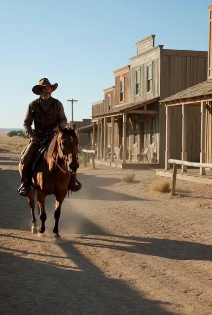 Aperçu du prompt: Vidéo d'un cowboy buriné entrant dans une ville de l'Ouest