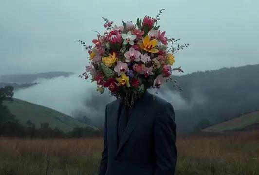 Pré-visualização do prompt: Homem caminhando em direção à câmera e zoom em flores
