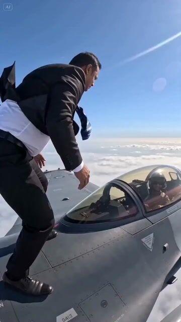 プロンプトのプレビュー: F-16 の翼の上でのバックフリップ