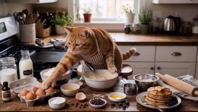 プロンプトのプレビュー: パンケーキを作る猫のシネマティックプロンプト