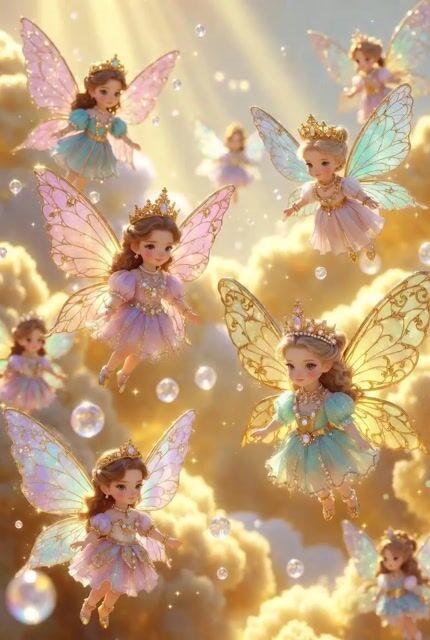 Prompt-Vorschau: Chibi-Feen-Superhelden in Goldenen Wolken