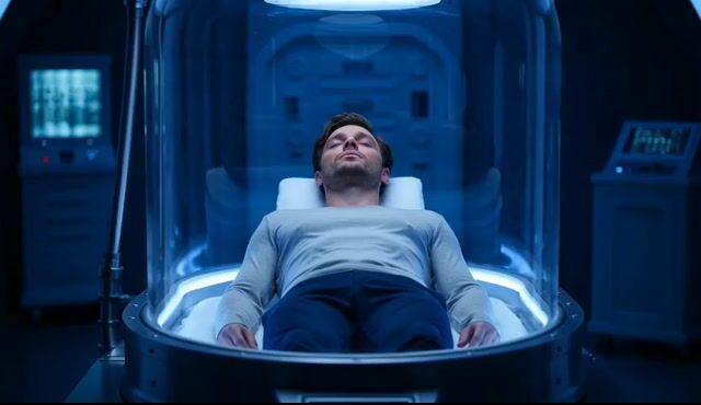 Promptvoorbeeld: Video prompt of a man in deep cryosleep