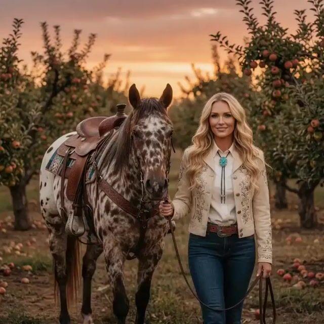 Anteprima del prompt: Video di una donna che dà da mangiare a un cavallo in un frutteto