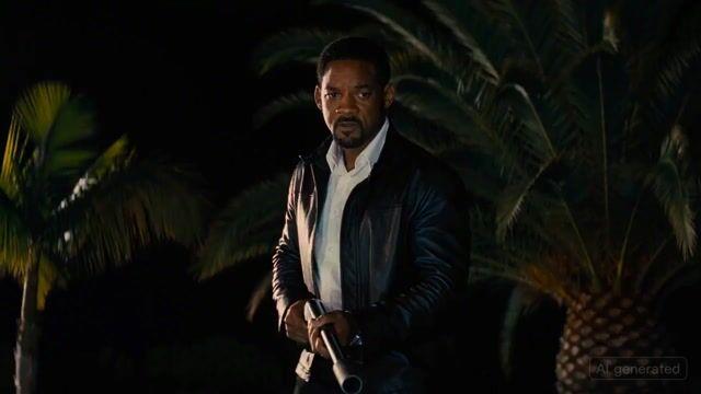 プロンプトのプレビュー: ウィル・スミスが火炎放射器を手に、タランティーノ風のハリウッドの夜景に登場